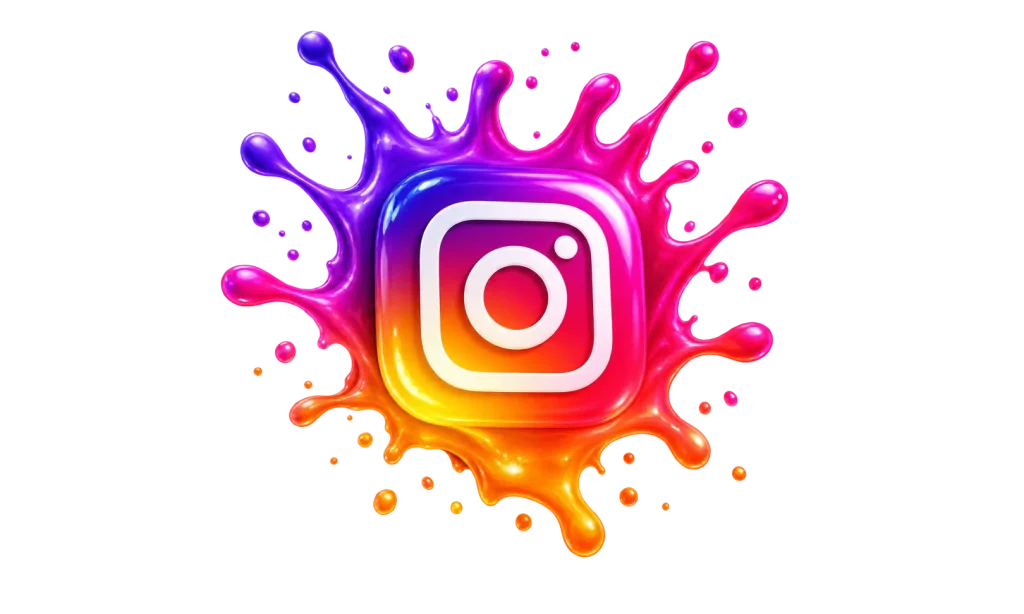 “3D Instagram logo surrounded by vibrant purple, pink, orange, and yellow liquid splash effects.”