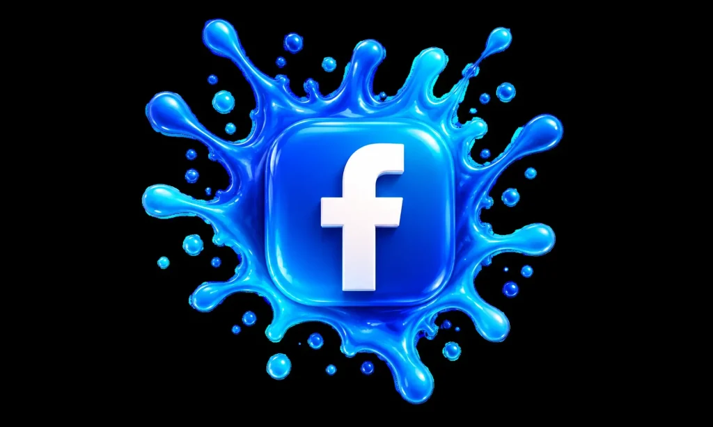 “3D Facebook logo with a glossy blue finish surrounded by vibrant blue liquid splash effects and floating droplets.”