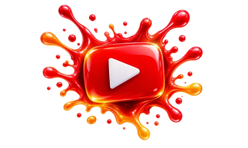 “3D YouTube play button with a glossy red finish surrounded by vibrant red and orange liquid splash effects and floating droplets.”
