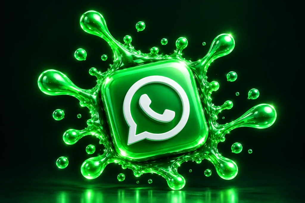 Glossy green WhatsApp icon with a white chat-and-phone symbol, surrounded by vibrant liquid splash effects and glowing droplets on a dark background.