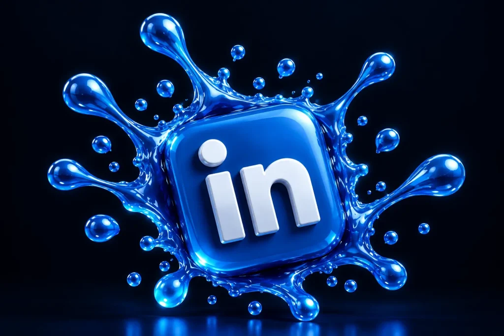 Glossy blue LinkedIn icon with white “in” logo surrounded by glowing liquid splash effects on a dark background.